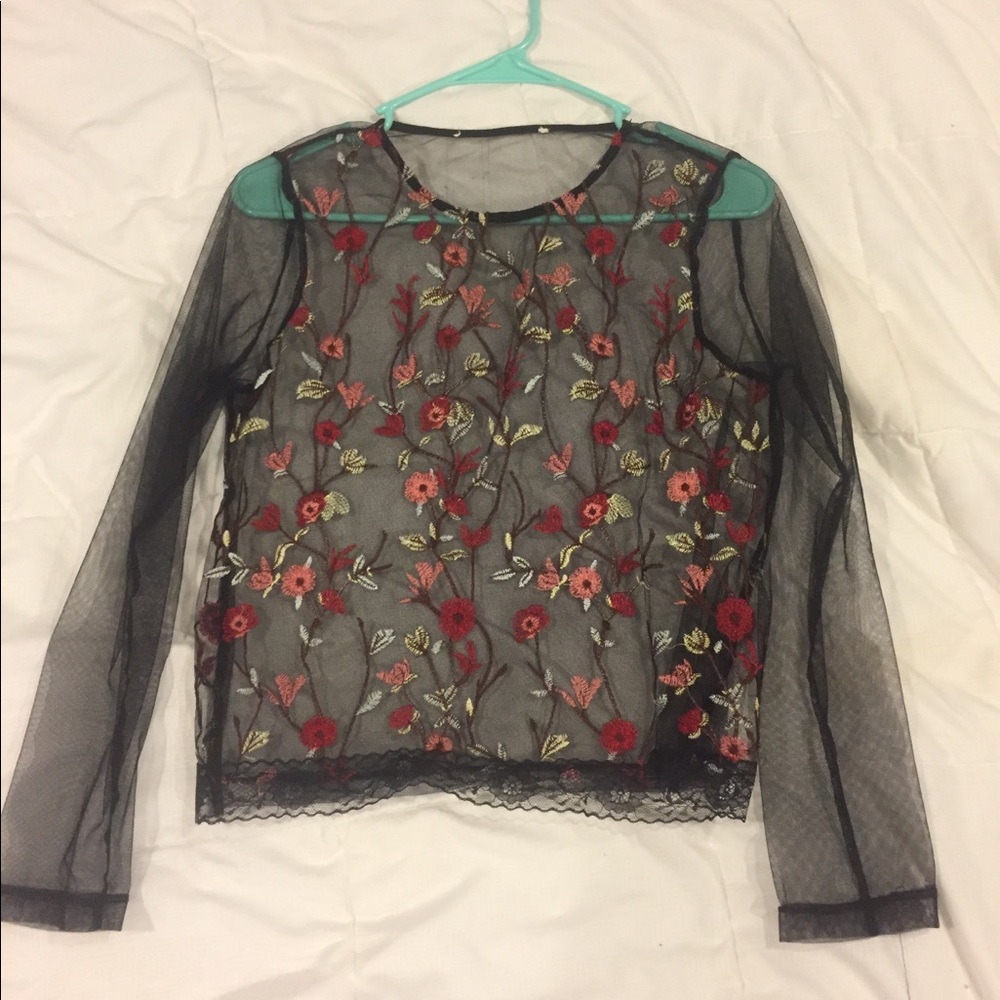 Sheer Black Top with Floral Appliqué